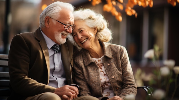 Joyful Elderly Couple Sharing a Laugh on Park Bench