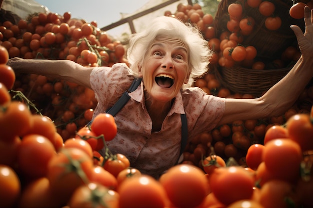 Joyful elderly lady playing with fresh tomatoes