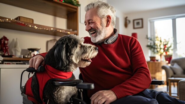 車椅子に座っている幸せな高齢の男性と家にあるふわふわした犬