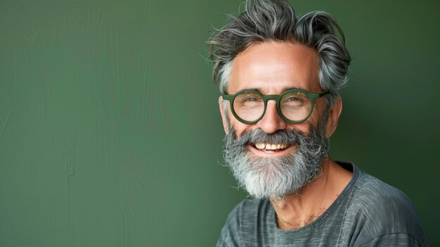 Joyful elderly man with a trendy beard smiling on a calm green background exuding charm