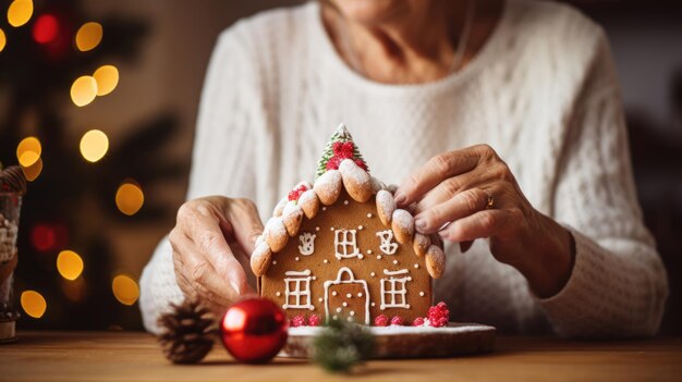 Photo a joyful elderly woman holds a decorated gingerbread house with a warmly lit christmas tree and festive lights in the background