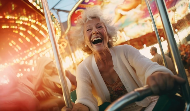 Joyful elderly woman riding in an amusement park