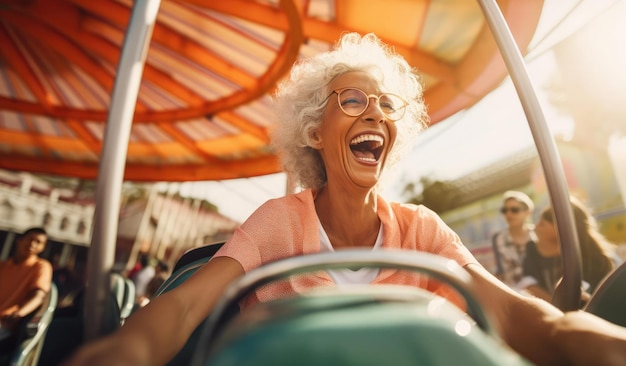 Joyful elderly woman riding in an amusement park