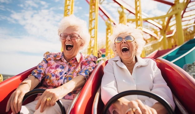 Joyful elderly woman riding in an amusement park