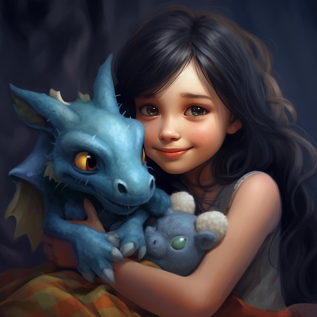 Photo the joyful embrace a cheery girl and her adorable dragon plush