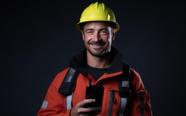 Photo joyful emergency responder grasps mobile isolated on a transparent background png