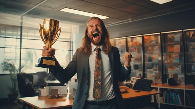 A Joyful Employee Grasps a Trophy for Outstanding Achievement at the Office