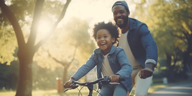 A joyful ethnic family Son is taught to ride a bike at a park by his father Generative Ai