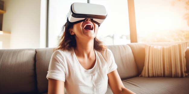 Joyful European Lady Embracing Virtual Reality Fun