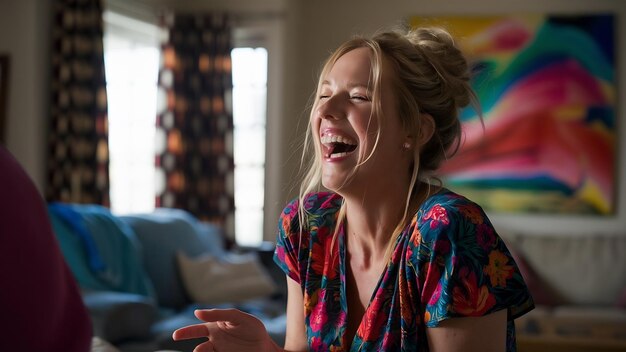 Joyful excited woman laughing at joke