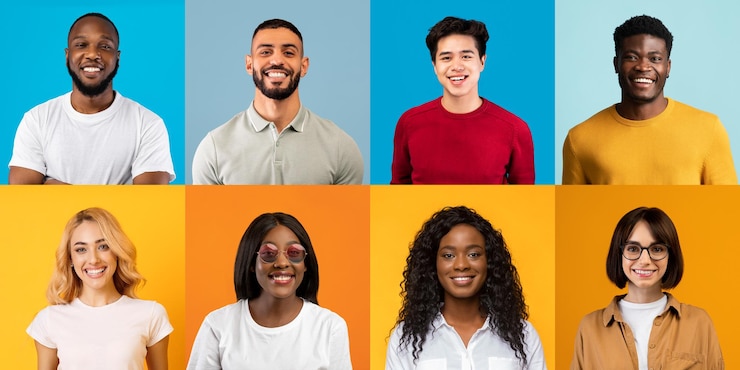 Photo joyful faces portraits of happy young multicultural men and women