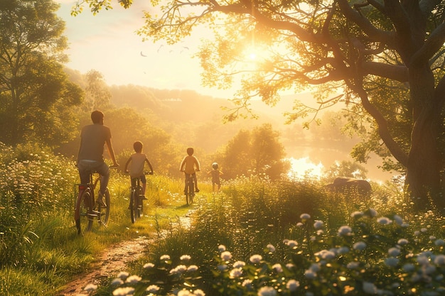 그림 같은 지역 을 가로질러 즐거운 가족 자전거 타기