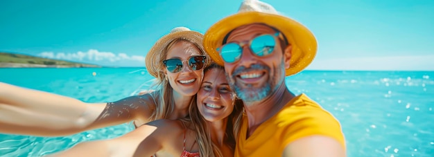 Joyful family bonding at the beach capturing memories with a selfie