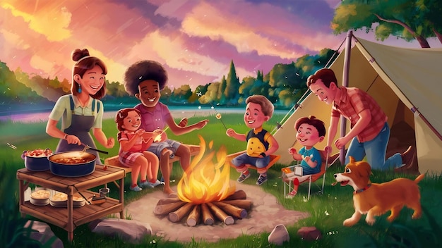 Joyful family camping in the park