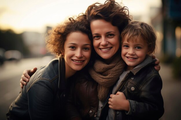 Joyful family embrace in evening light