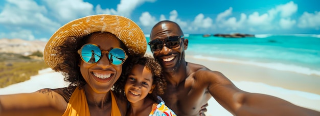 Photo joyful family enjoying quality time at the beach capturing memories together with a selfie