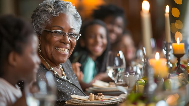 Foto una gioiosa riunione di famiglia e una preziosa cena natalizia con una sorridente matriarca anziana