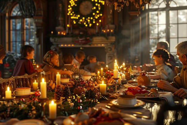 Photo joyful family gatherings around holiday tables oct