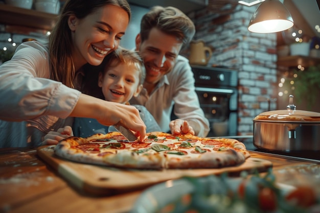 Joyful family having a DIY pizza night