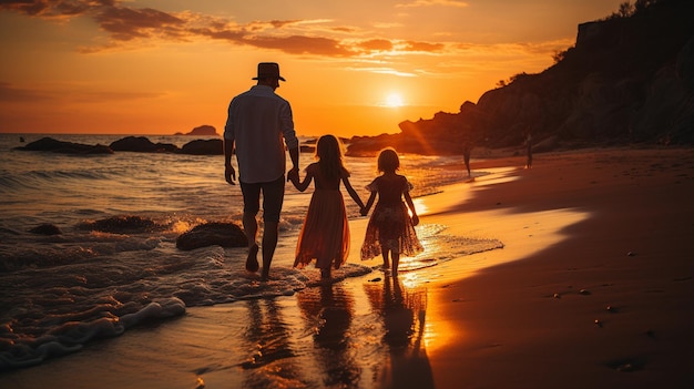 즐거운 가족이 해질 무렵 아름다운 해변을 따라 손을 잡고 산책하면서 여름 휴가를 즐기고 있습니다.