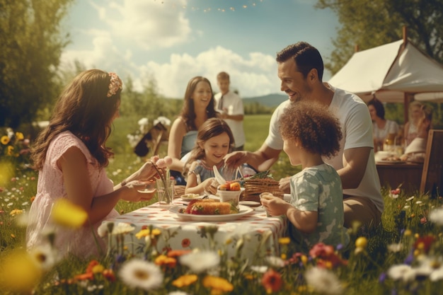 A joyful family picnic in a sunny meadow with chil 00266 01