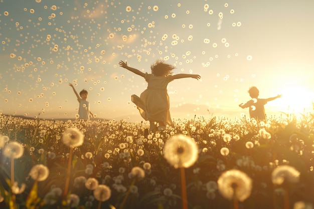 Photo joyful family playing in a field of dandelions oct