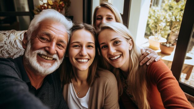 写真 笑顔の女性との楽しい家族セルフィー