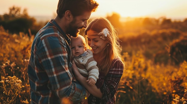 Радостная семья вместе родители с их маленьким ребенком наслаждаются моментом захода солнца