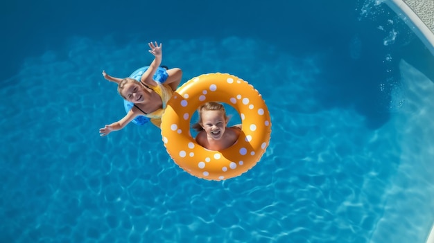 Joyful Family Vacation Aerial Top View of Happy Mother and Kids Enjoying Tropical Holidays in Swimm