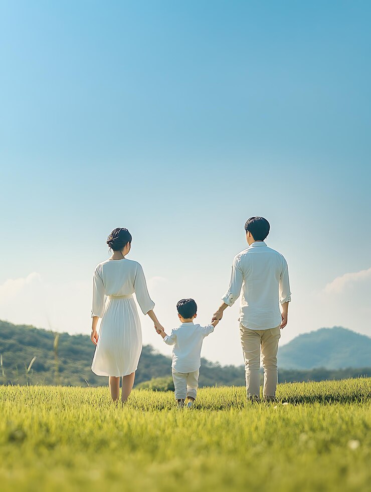 Photo 푸른 하늘 아래 자연 을 즐겁게 산책 하는 가족