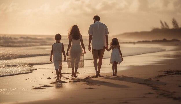 A joyful family walks on the beach enjoying the sunset generated by artificial intelligence