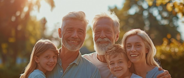 A joyful family with several generations standing outside