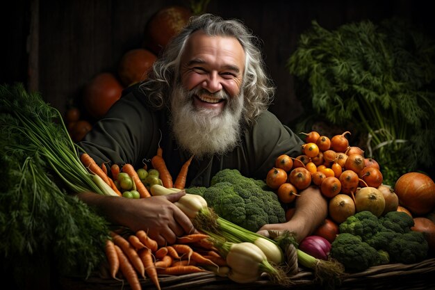 Joyful farmer showcasing organic vegetables Generative Ai