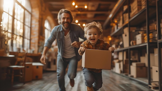 素朴な家で幼い息子を追いかけるうれしそうな父親が、家族の楽しさと遊び心のある絆の時間を設定し、幸せな瞬間を捉えた AI