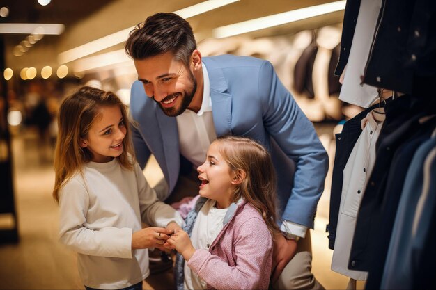 Радостный отец ходит по магазинам с дочерьми