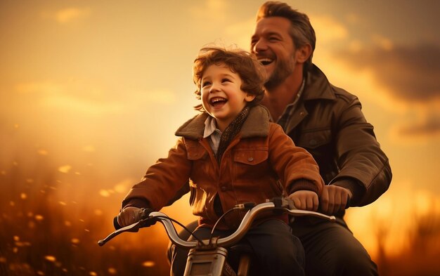 Foto padre figlio gioioso in bicicletta ia generativa