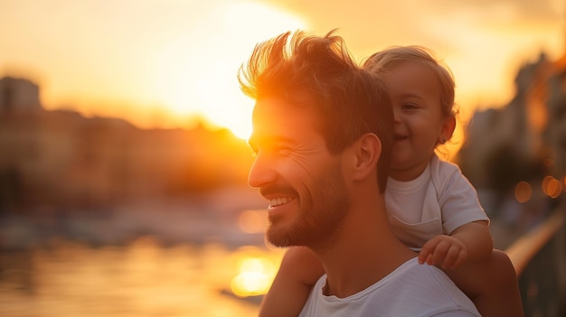 肩 に 子供 を 背負っ て 夕暮れ を 楽しむ 喜び の ある 父