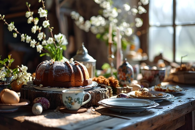 イースター の 果物 と 誘惑 的 な ケーキ で 豊富 に 備え られ て いる 喜び の 宴会 の テーブル
