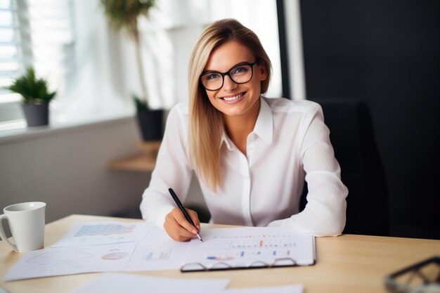 Photo joyful female executive at her workspace