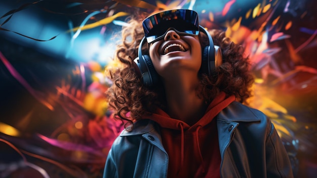 A joyful female reveller enjoying herself in the digital realm while dressed in virtual reality apparel