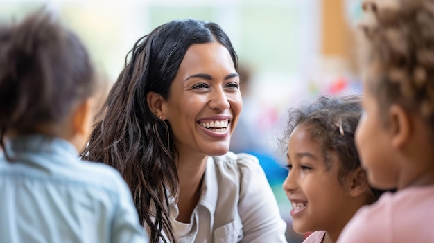 Joyful Female Teacher Interacting with Diverse Young Students