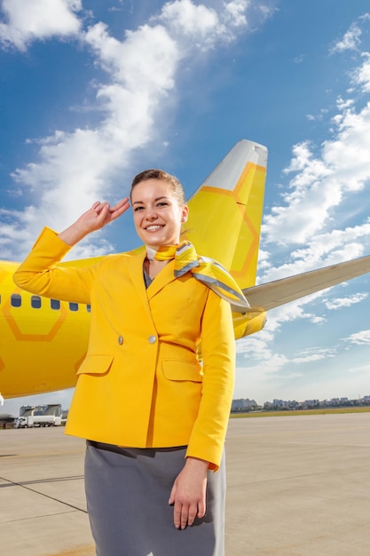 Joyful flight attendant in airline suit doing salute gesture and smiling while standing near yellow airplane