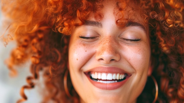 Photo joyful freckled woman with curly red hair laughing on white background