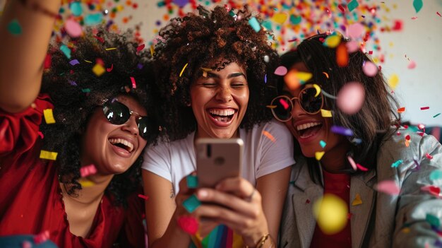 Joyful friends are taking a selfie during a celebration with confetti flying around them