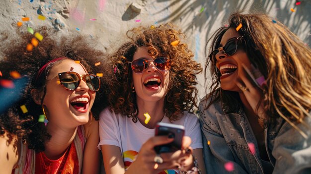 Joyful friends are taking a selfie during a celebration with confetti flying around them