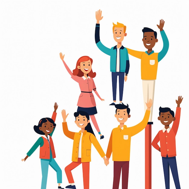 Joyful friends forming a pyramid with arms raised in celebration of unity and happiness