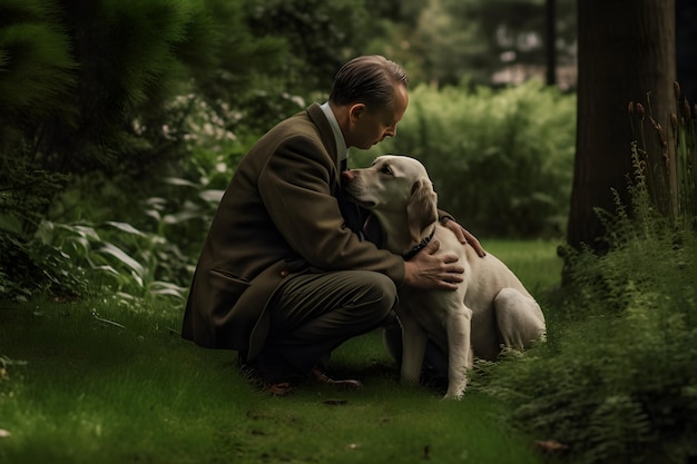 Joyful Friends Happy Men and Loyal Pet Embrace in Nature39s Forest