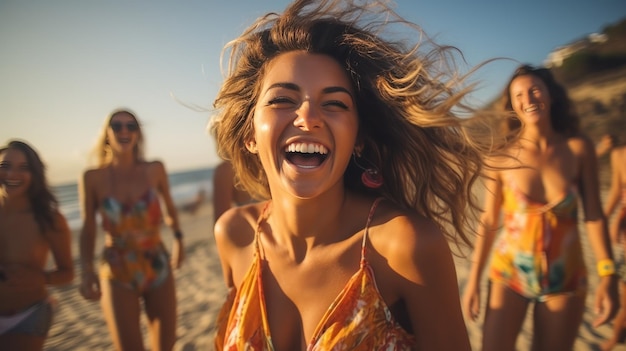 Joyful friends having fun at beach party