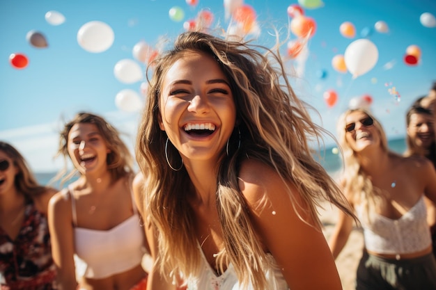 Joyful friends having fun at beach party