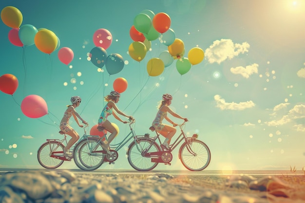 Joyful friends riding bicycles together on a sunny